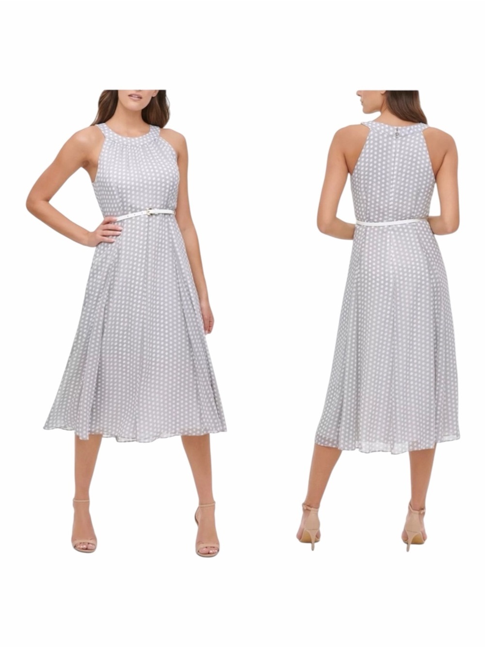 ✅ TOMMY HILFIGER Woman’s Light Gray With White Sleeveless Chiffon Midi Dress 10